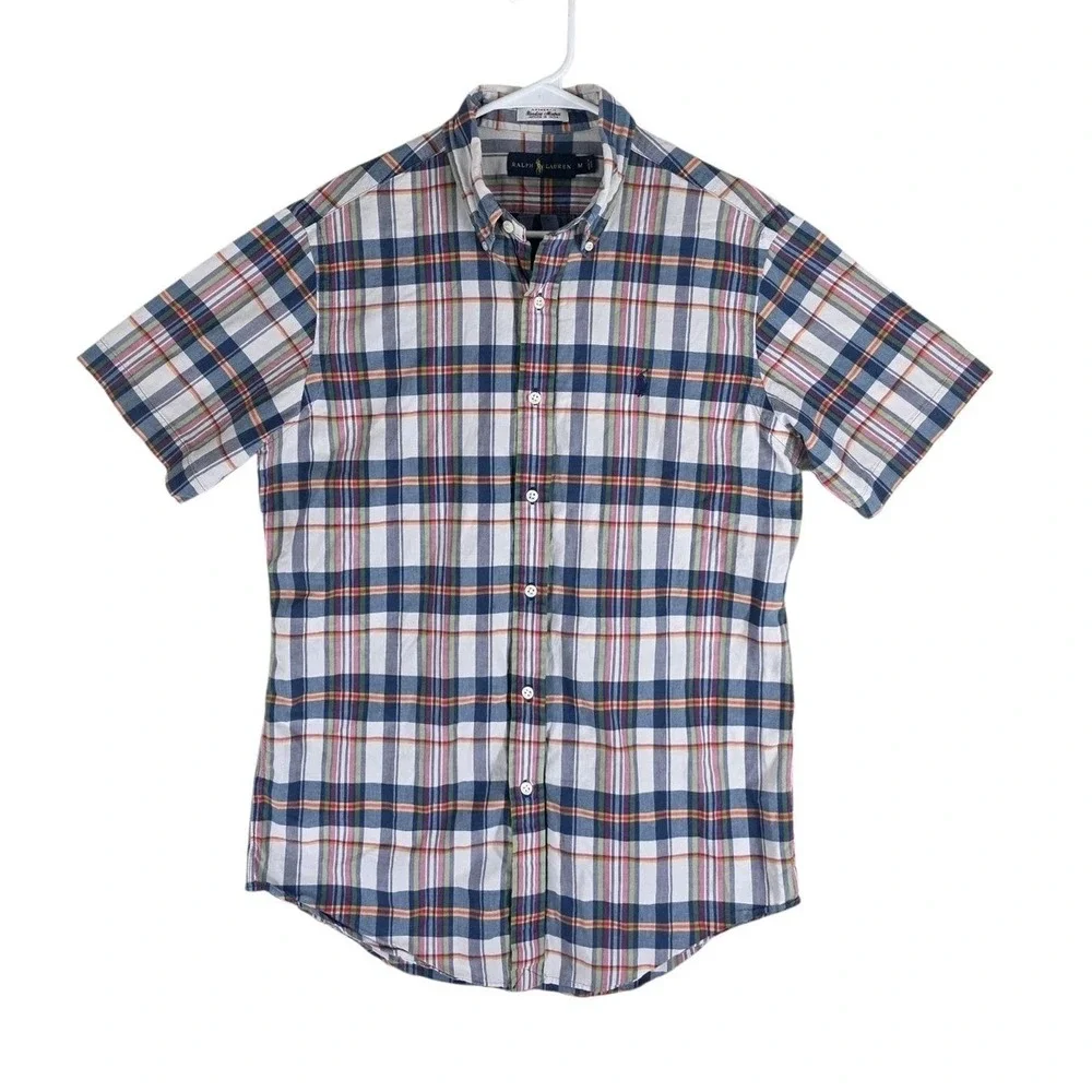 Ralph Lauren Bleeding Madras Shirt Mens M Blue White Plaid Button Down SS